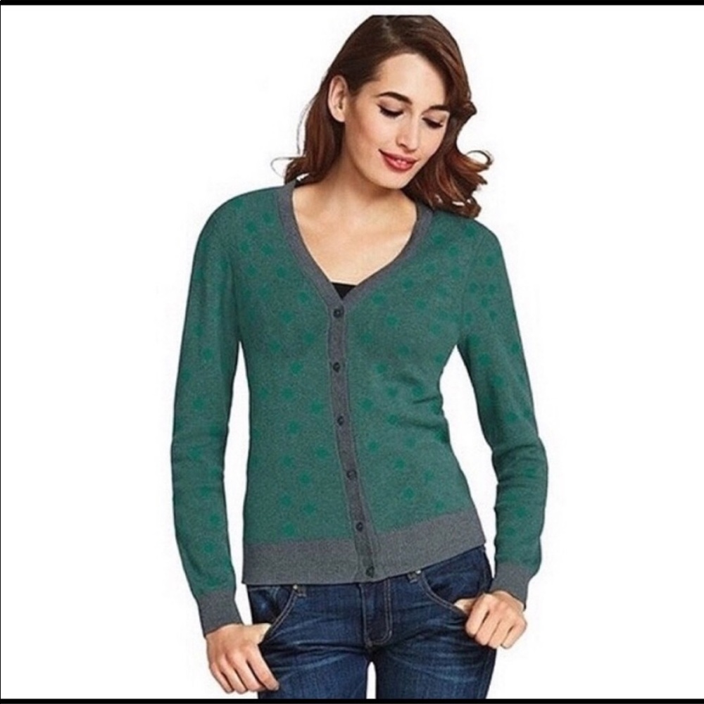 CAbi Teal & Gray Polka Dot Button Front Cardigan Style #903